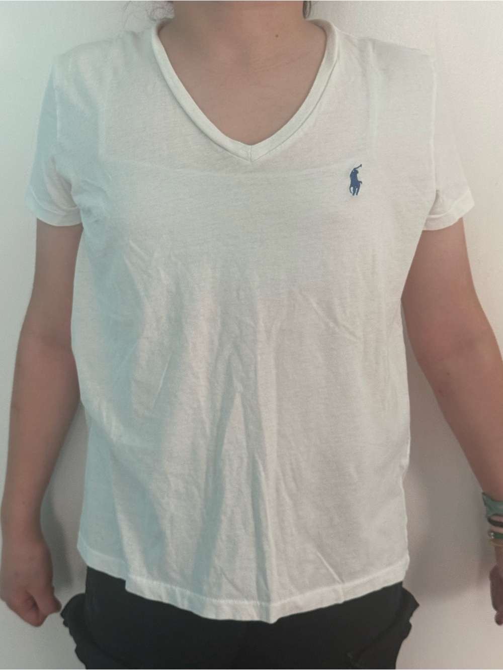 Ralph Lauren White V-Neck Tee with Blue Polo Pony clean white easy size Large L
